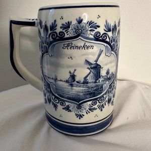 Vintage Heineken Delft Blue Holland Porcelain Beer Stein Mug Windmill Dutch 16oz
